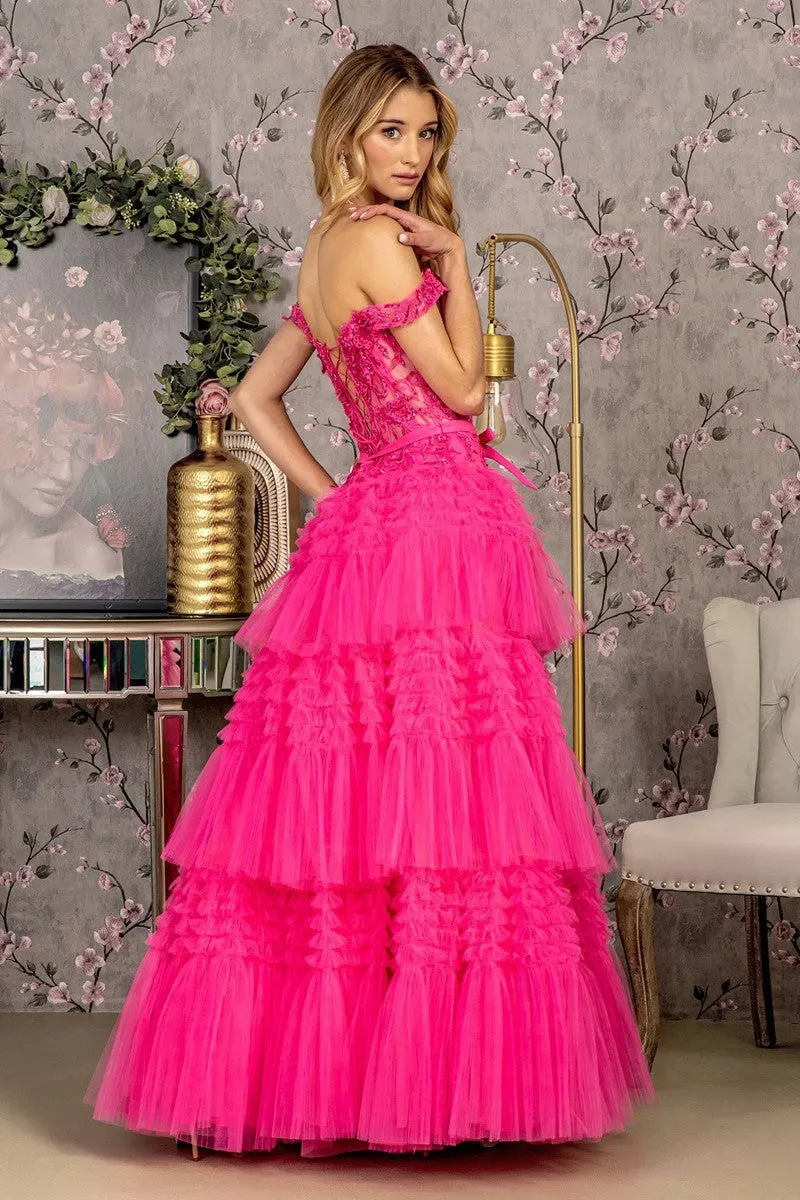 GL 3391 - Off the Shoulders A-Line Ball Gown with Sheer 3D Floral Boned Corset Bodice Lace Up Back & Layered Ruffle Skirt
