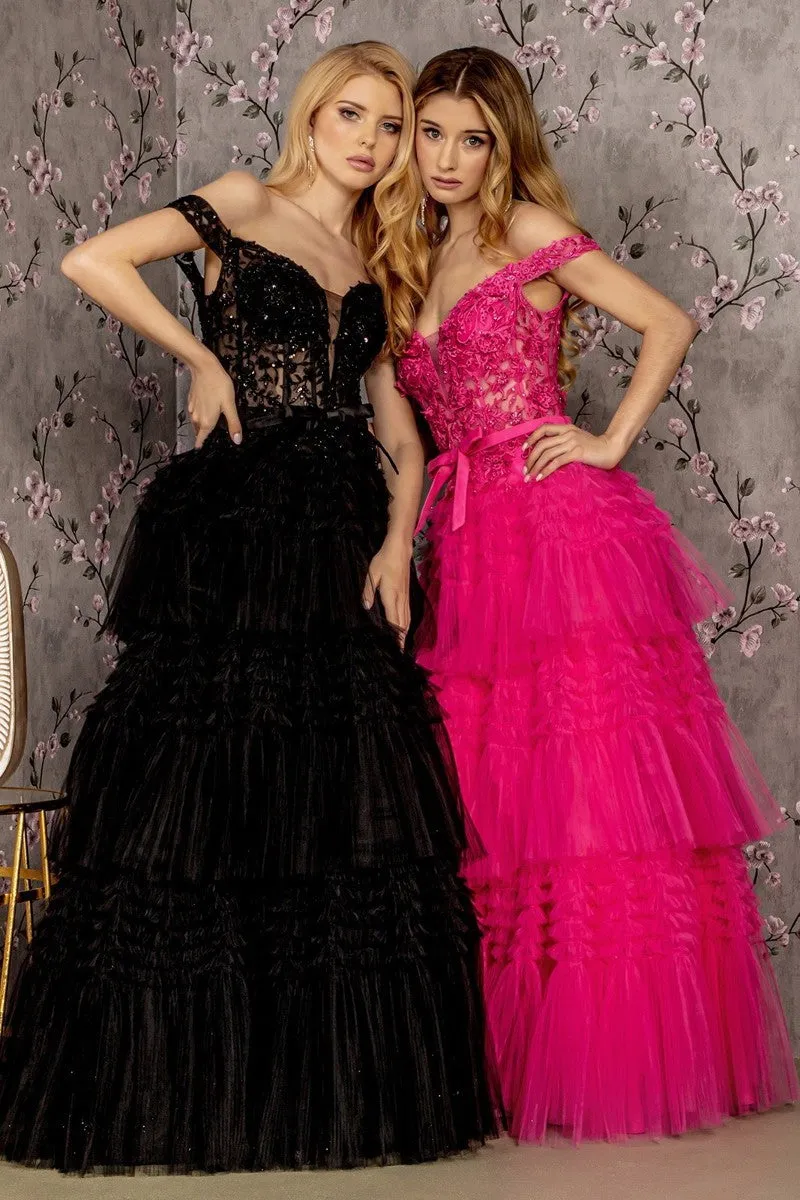 GL 3391 - Off the Shoulders A-Line Ball Gown with Sheer 3D Floral Boned Corset Bodice Lace Up Back & Layered Ruffle Skirt