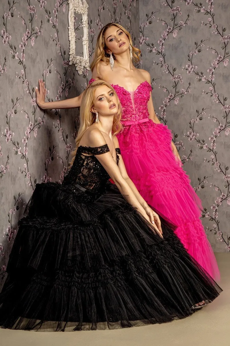 GL 3391 - Off the Shoulders A-Line Ball Gown with Sheer 3D Floral Boned Corset Bodice Lace Up Back & Layered Ruffle Skirt