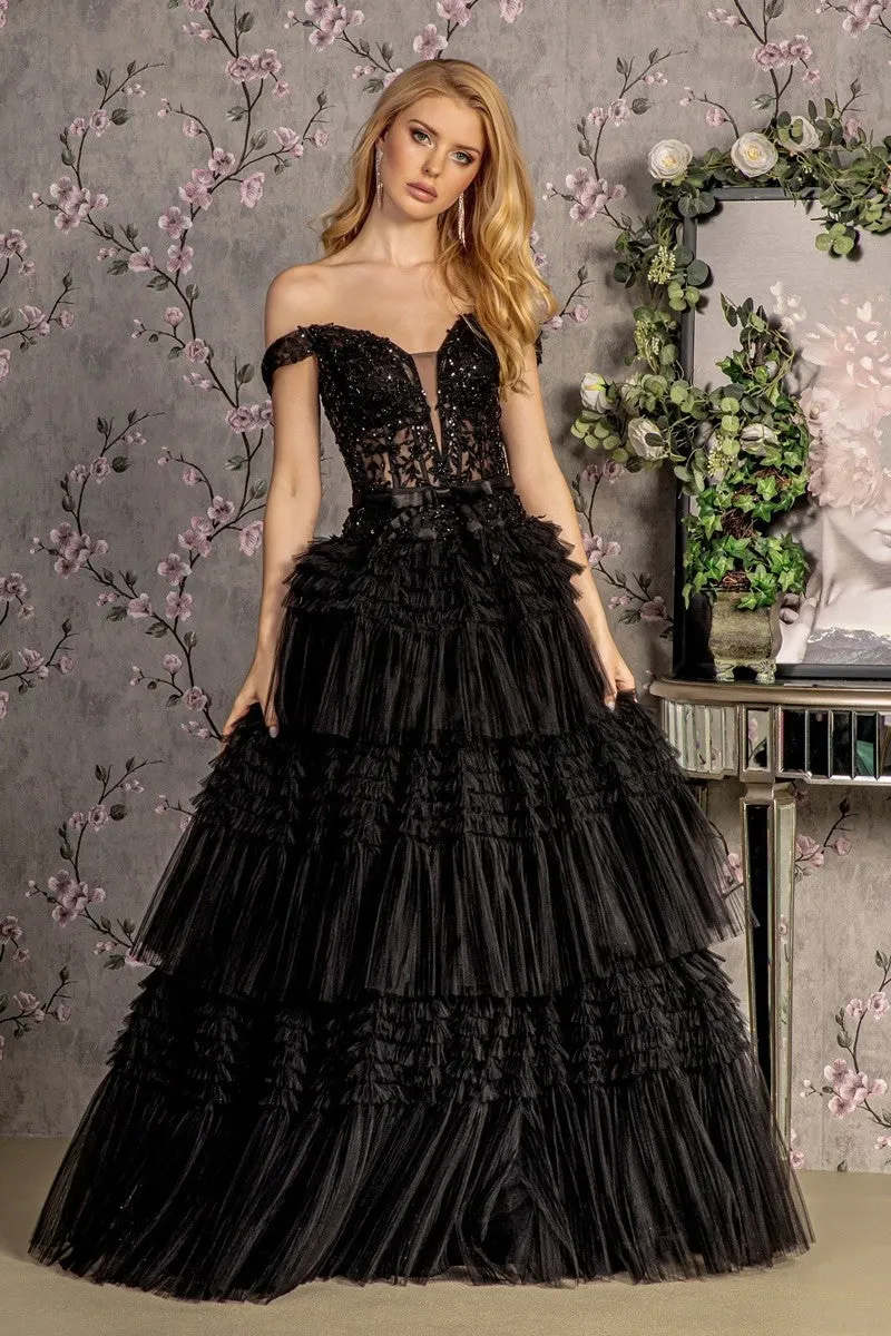 GL 3391 - Off the Shoulders A-Line Ball Gown with Sheer 3D Floral Boned Corset Bodice Lace Up Back & Layered Ruffle Skirt