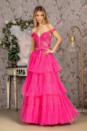 GL 3391 - Off the Shoulders A-Line Ball Gown with Sheer 3D Floral Boned Corset Bodice Lace Up Back & Layered Ruffle Skirt