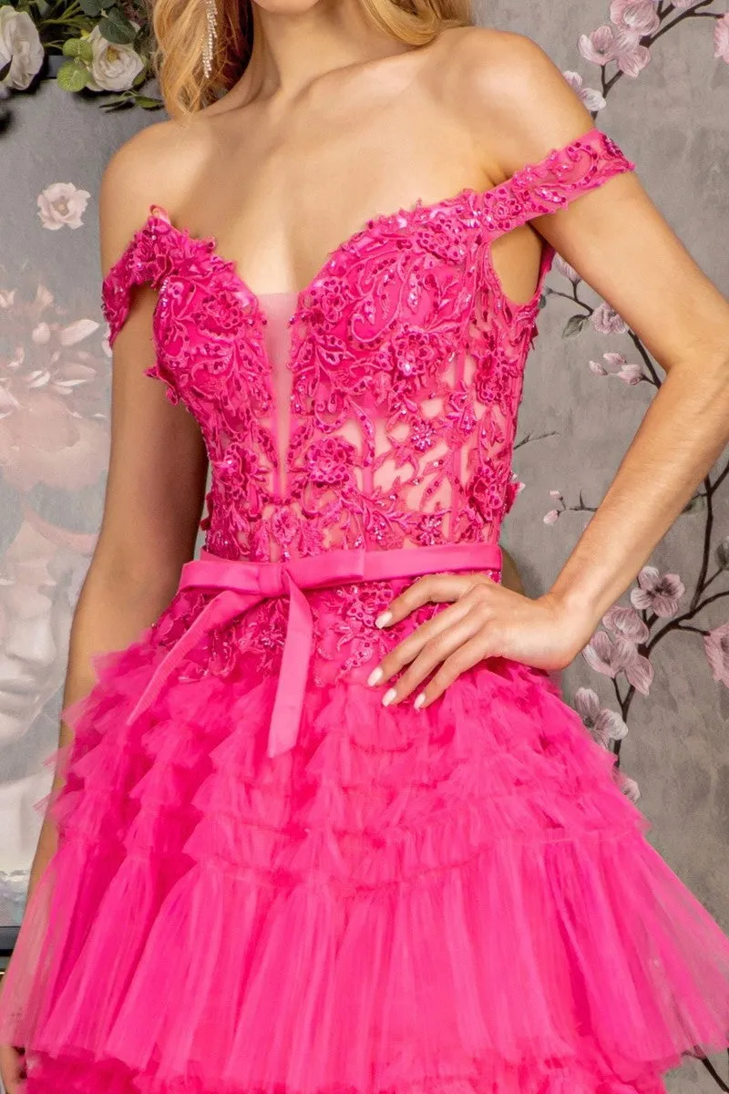 GL 3391 - Off the Shoulders A-Line Ball Gown with Sheer 3D Floral Boned Corset Bodice Lace Up Back & Layered Ruffle Skirt