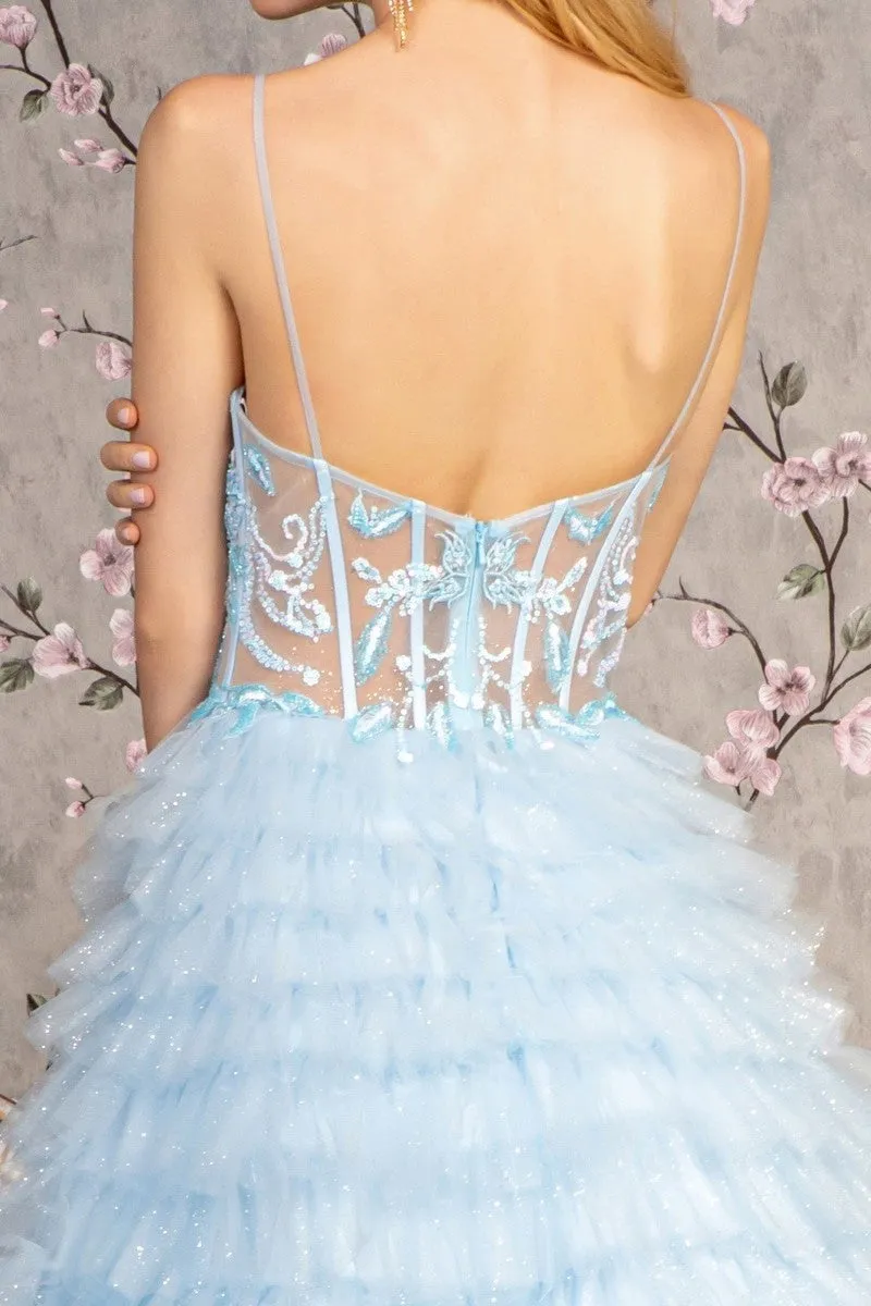 GL 3464 - Glitter Tulle A-Line Ball Gown with Sheer Embroidered Boned Corset Bodice & Layered Ruffle Skirt