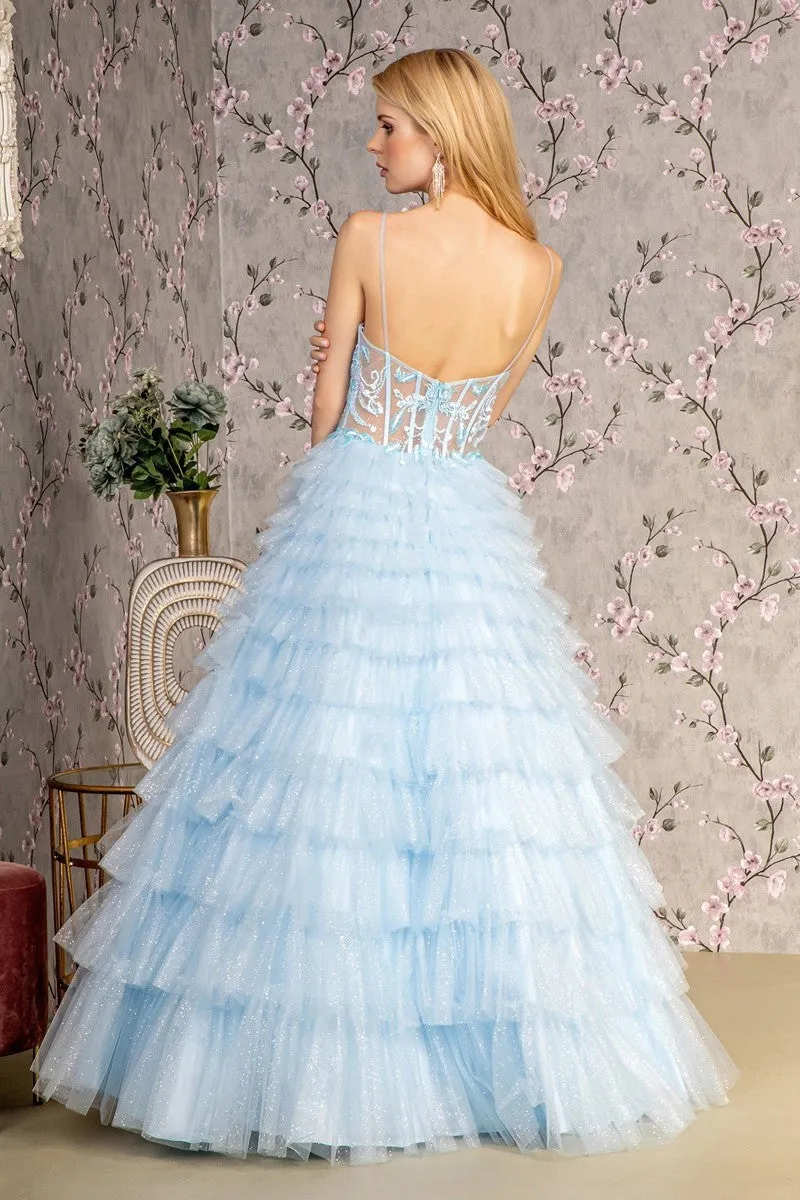 GL 3464 - Glitter Tulle A-Line Ball Gown with Sheer Embroidered Boned Corset Bodice & Layered Ruffle Skirt