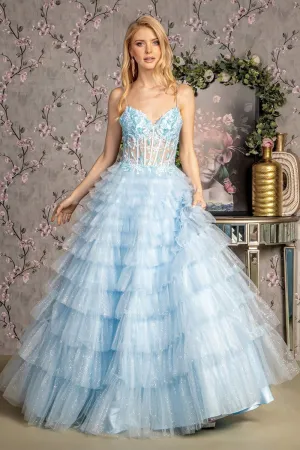 GL 3464 - Glitter Tulle A-Line Ball Gown with Sheer Embroidered Boned Corset Bodice & Layered Ruffle Skirt