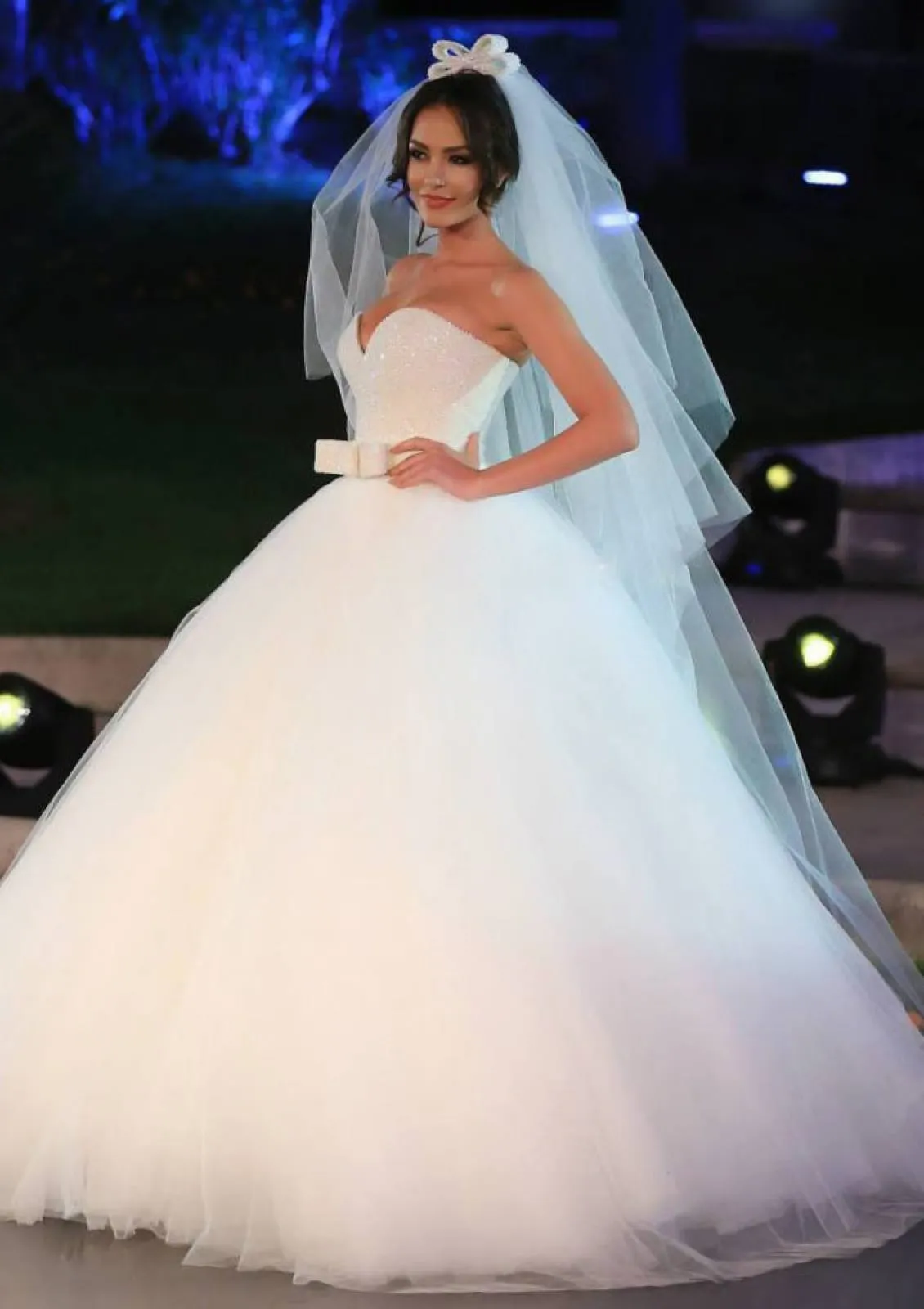 Glitter Strapless Sweetheart Tulle Ball Gown Wedding Dress, Bowknot