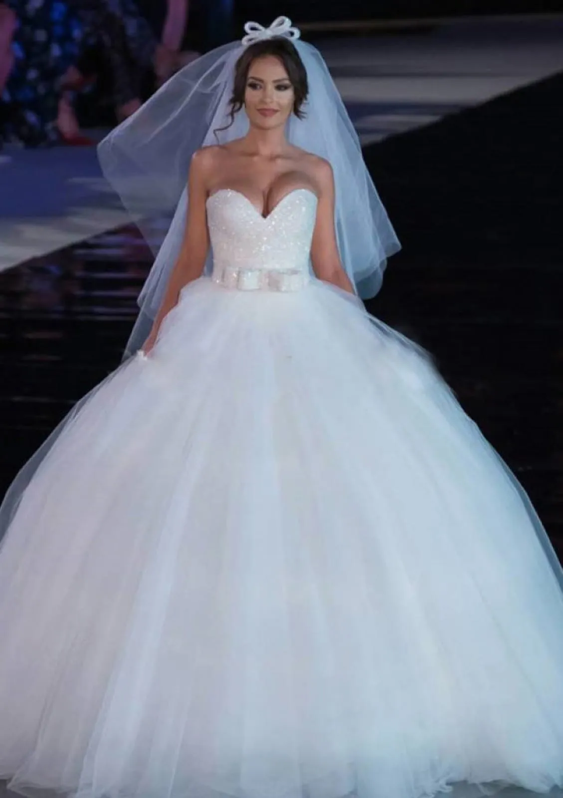 Glitter Strapless Sweetheart Tulle Ball Gown Wedding Dress, Bowknot