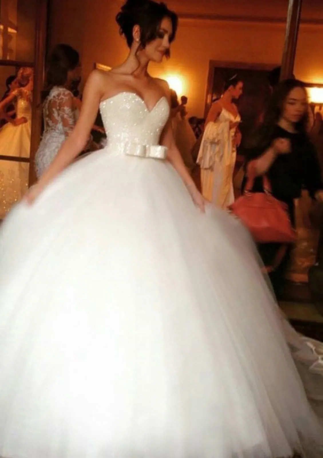 Glitter Strapless Sweetheart Tulle Ball Gown Wedding Dress, Bowknot