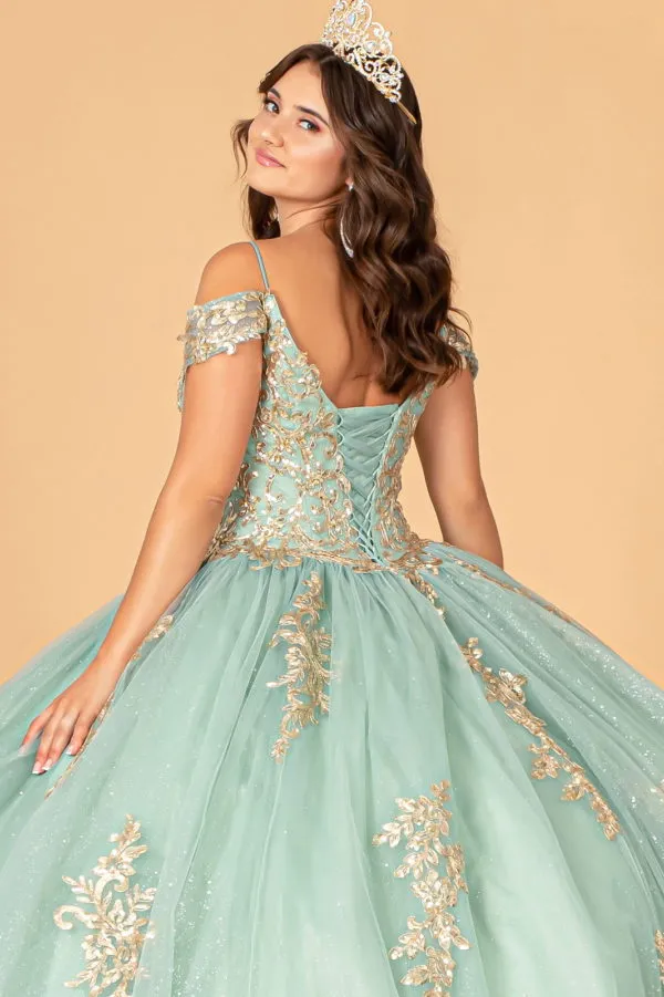 Gold Embroidered Mesh Quinceanera Ball Gown w/ Corset Back