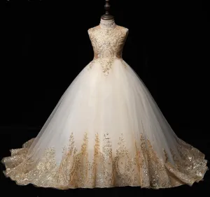 Golden Sequin Lace Ivory Tulle Ball Gown Wedding Flower Girl Dress Kids Party