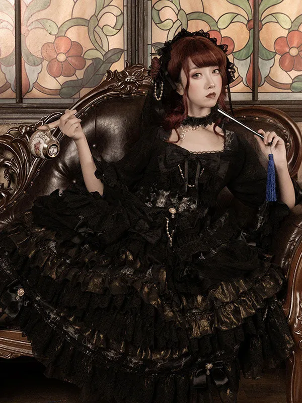 Gothic Lolita OP Dress Black Long Sleeve Polyester Tea Party Witch Lace Lolita One Piece Dress