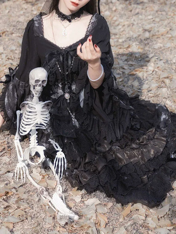 Gothic Lolita OP Dress Black Long Sleeve Polyester Tea Party Witch Lace Lolita One Piece Dress