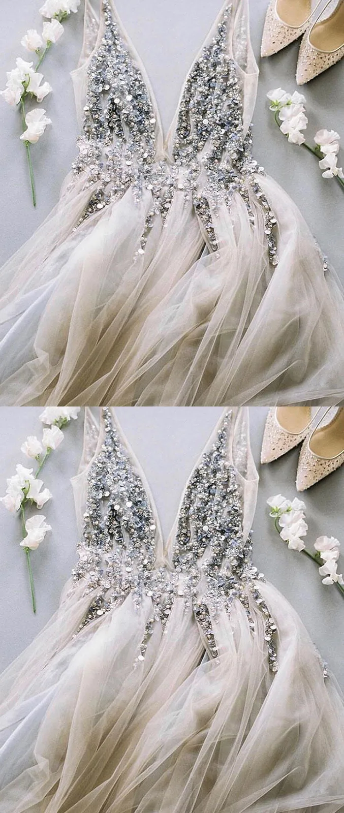 Gray v neck tulle sequin beads long prom dress, gray tulle evening dress