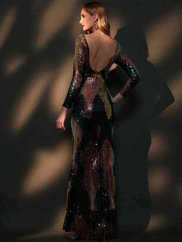 Green Gold Backless Long Sleeve Sequin Maxi Mermaid Evening Formal Dress