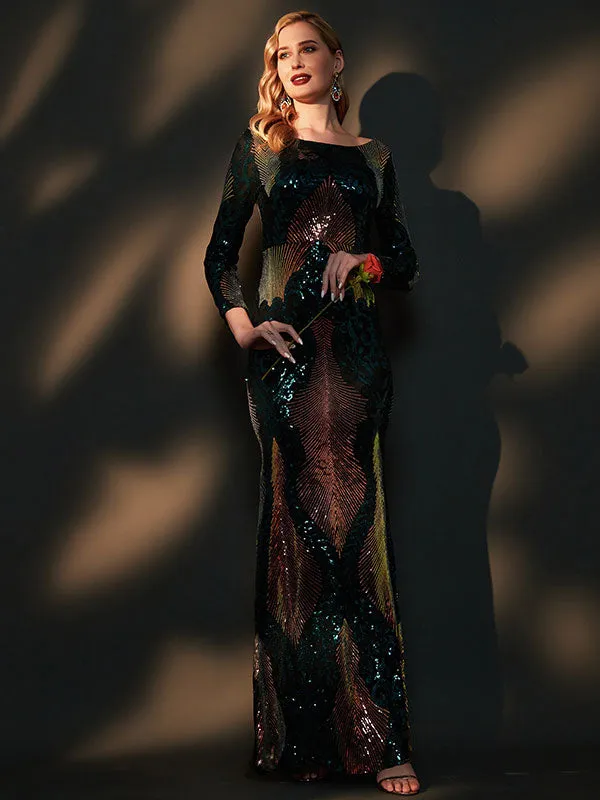 Green Gold Backless Long Sleeve Sequin Maxi Mermaid Evening Formal Dress