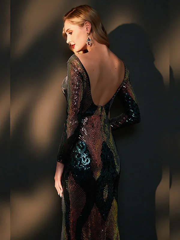 Green Gold Backless Long Sleeve Sequin Maxi Mermaid Evening Formal Dress