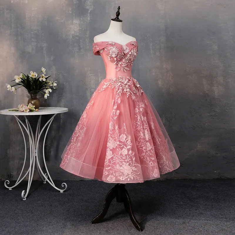 Green Off Shoulder Tea Length Party Dress with Lace, Green Formal Dress Prom Dress