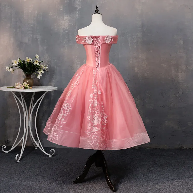 Green Off Shoulder Tea Length Party Dress with Lace, Green Formal Dress Prom Dress