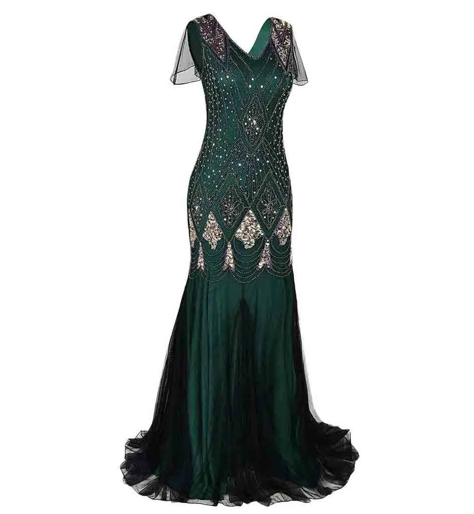 Green Women Evening Dress 1920s Flapper Gatsby Gown