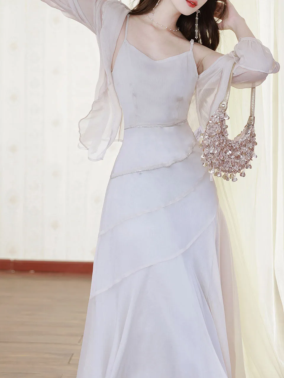 Grey Chiffon Multi-layered Fishtail Dress with Irregular Cardigan