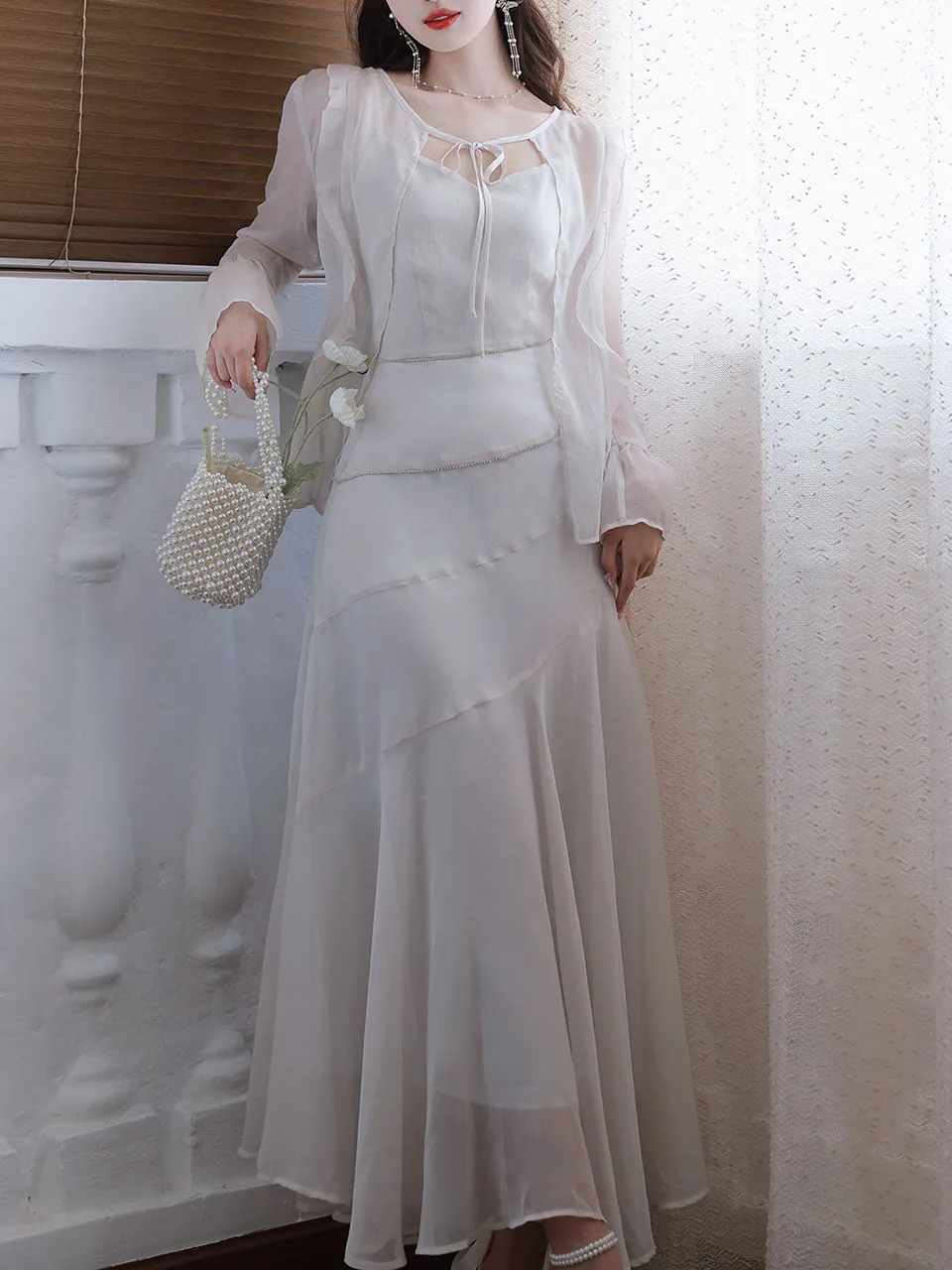 Grey Chiffon Multi-layered Fishtail Dress with Irregular Cardigan