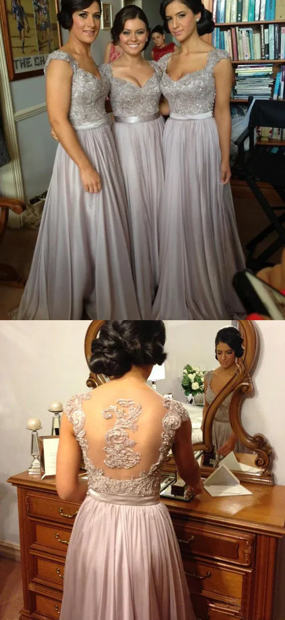 Grey Lace Top Seen Through Back Floor-length Bridesmaid Dresses, BG51303