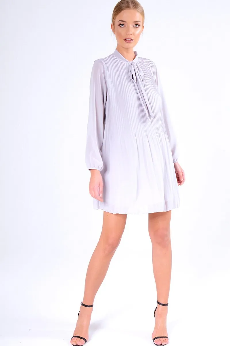 Grey Pleated Tie Neck Long Sleeve Swing Dress - Nickie