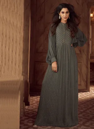 Grey Traditional Embroidery Anarkali Gown