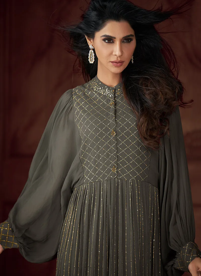 Grey Traditional Embroidery Anarkali Gown