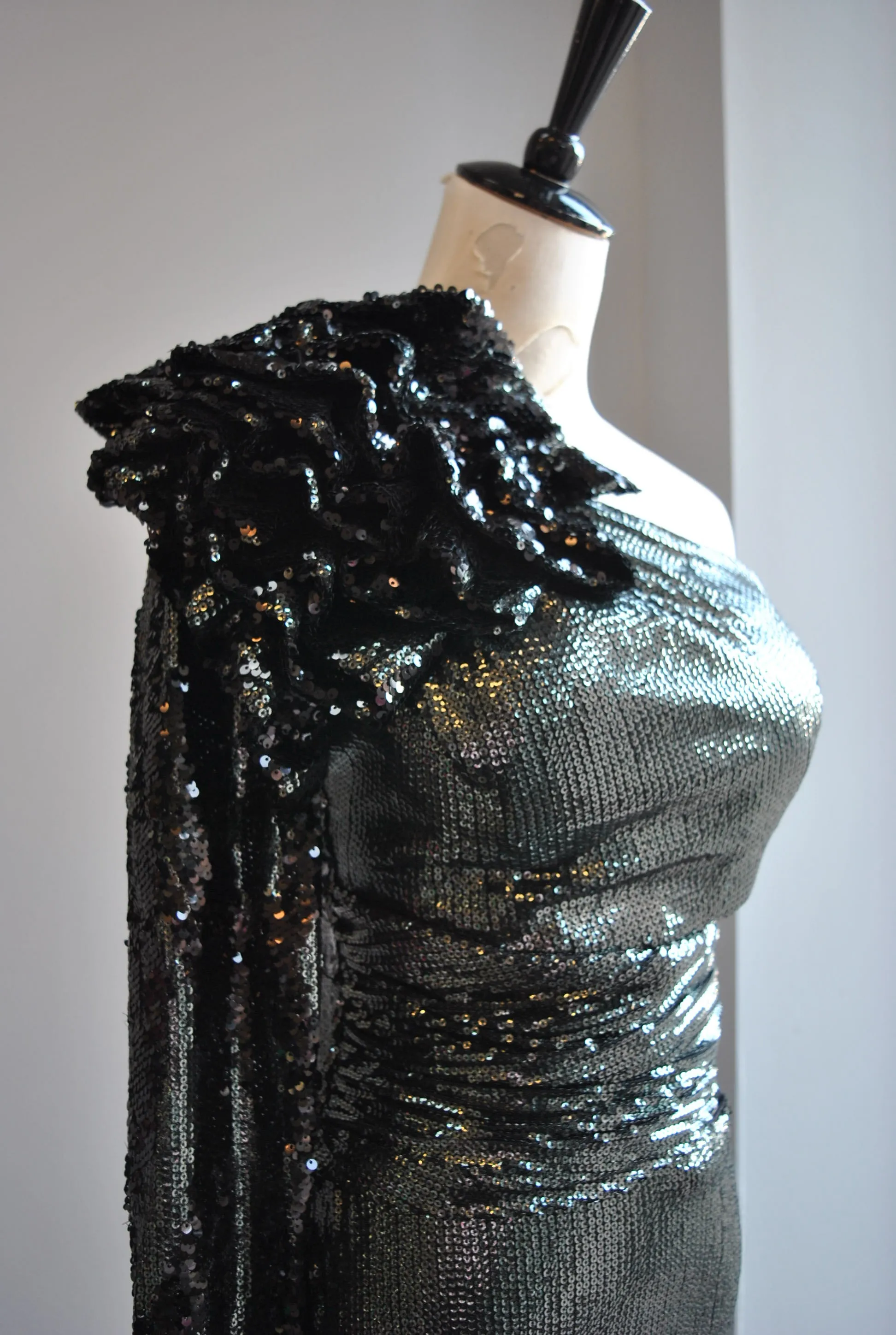 GUNMETAL AND BLACK SEQUINS LONG EVENING DRESS