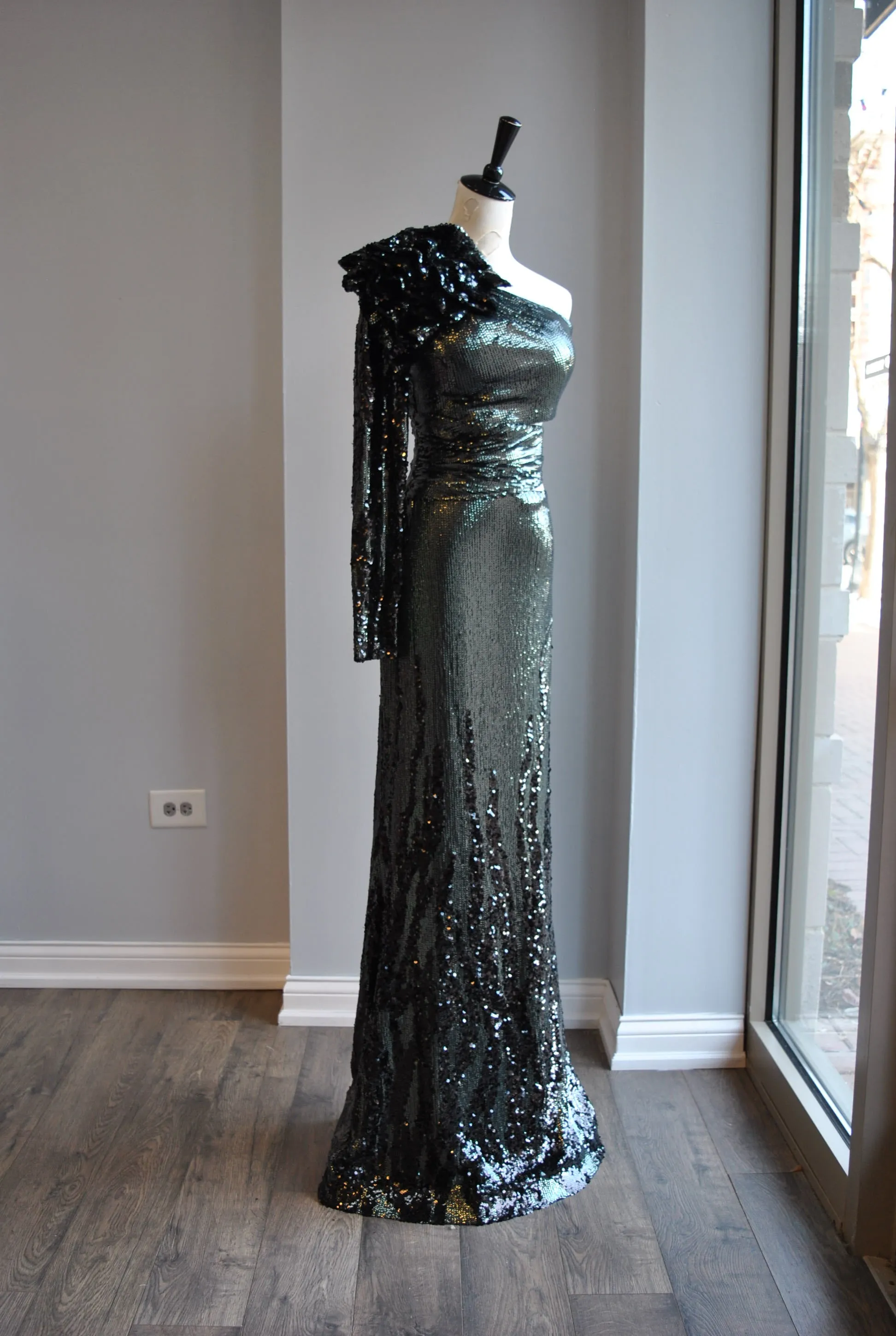 GUNMETAL AND BLACK SEQUINS LONG EVENING DRESS