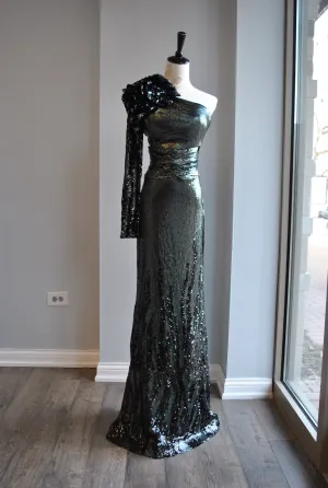 GUNMETAL AND BLACK SEQUINS LONG EVENING DRESS