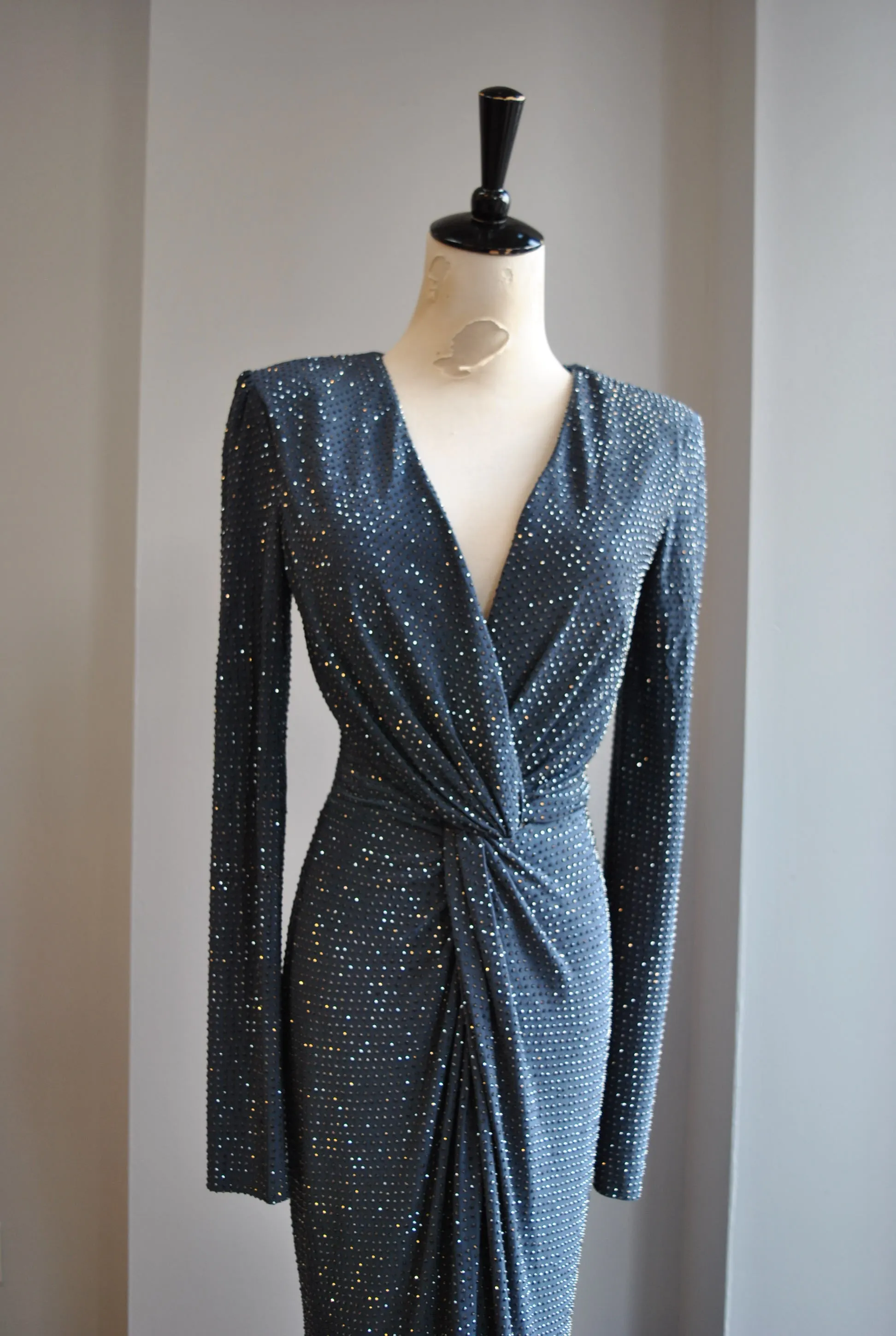 GUNMETAL CRYSTALS LONG EVENING DRESS WITH FRONT RUSHING