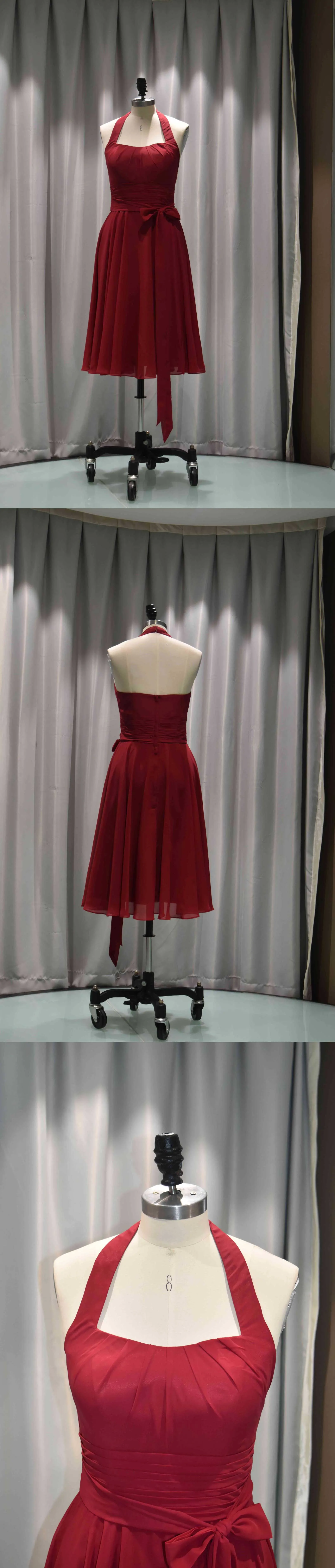 Halter Neck A-Line Chiffon Tea Length Bridesmaid Dress-100358