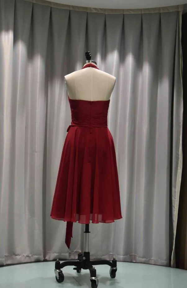 Halter Neck A-Line Chiffon Tea Length Bridesmaid Dress-100358