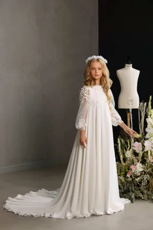 HAMILTON – CHIFFON LONG TRAIN COMMUNION DRESS WITH SHEER FLORAL SLEEVES