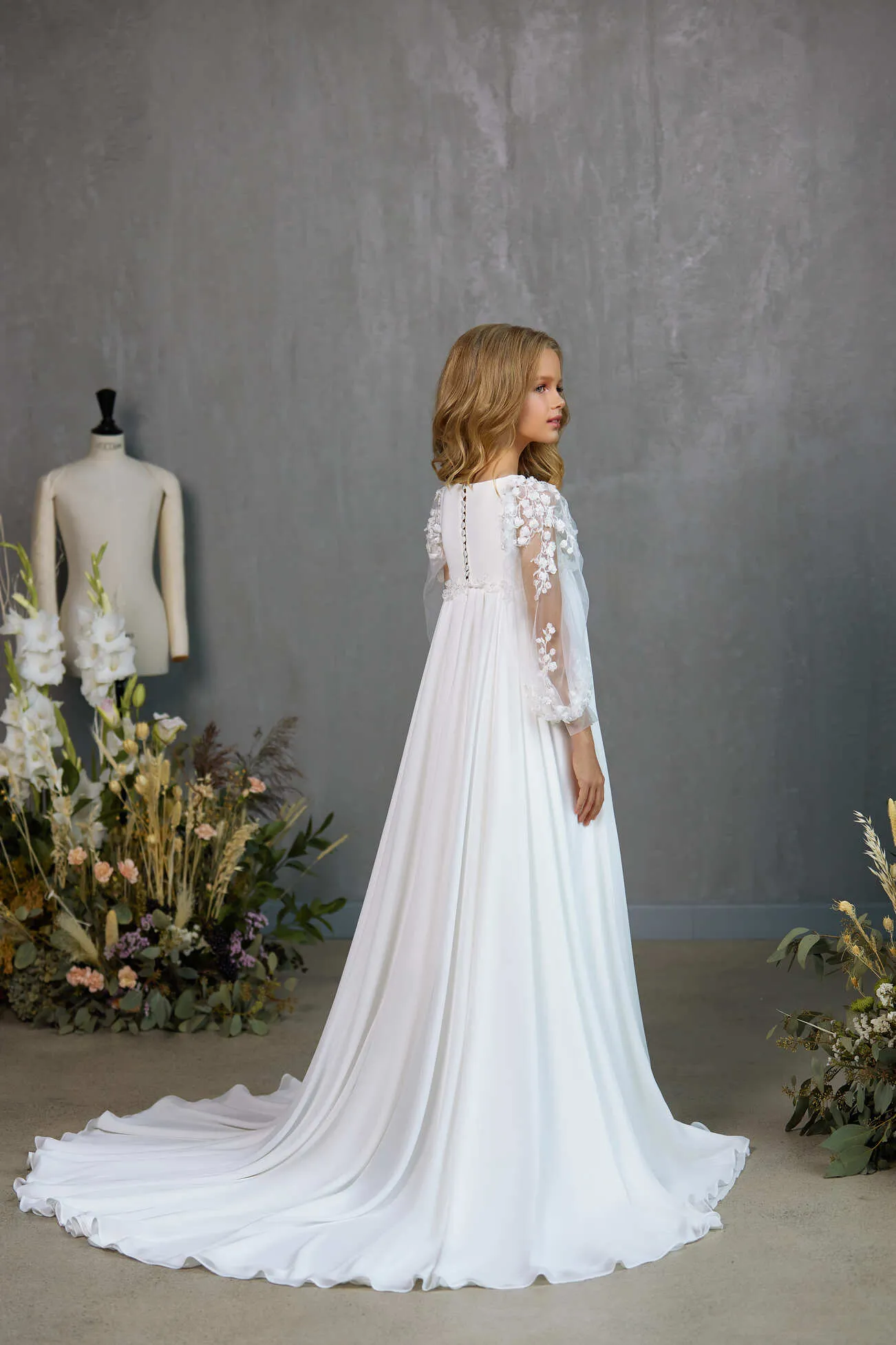 HAMILTON – CHIFFON LONG TRAIN COMMUNION DRESS WITH SHEER FLORAL SLEEVES