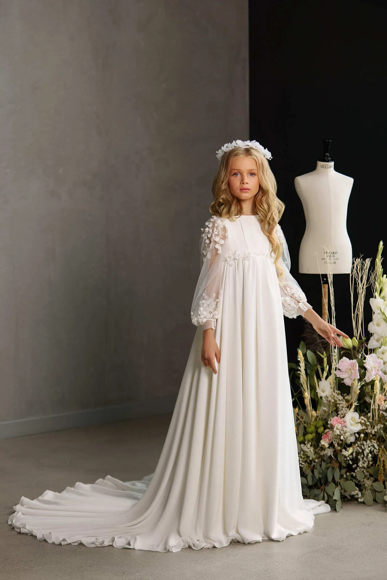 HAMILTON – CHIFFON LONG TRAIN COMMUNION DRESS WITH SHEER FLORAL SLEEVES