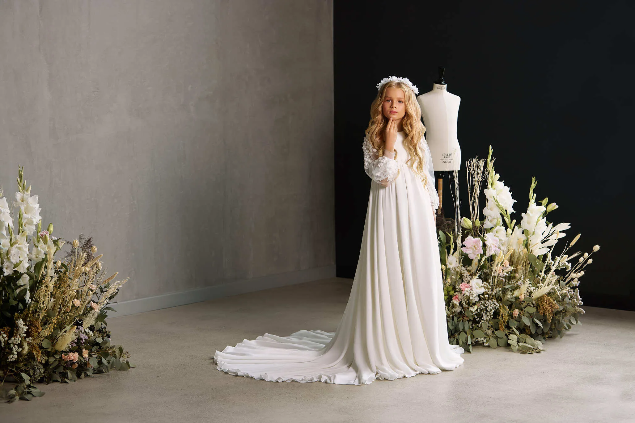 HAMILTON – CHIFFON LONG TRAIN COMMUNION DRESS WITH SHEER FLORAL SLEEVES