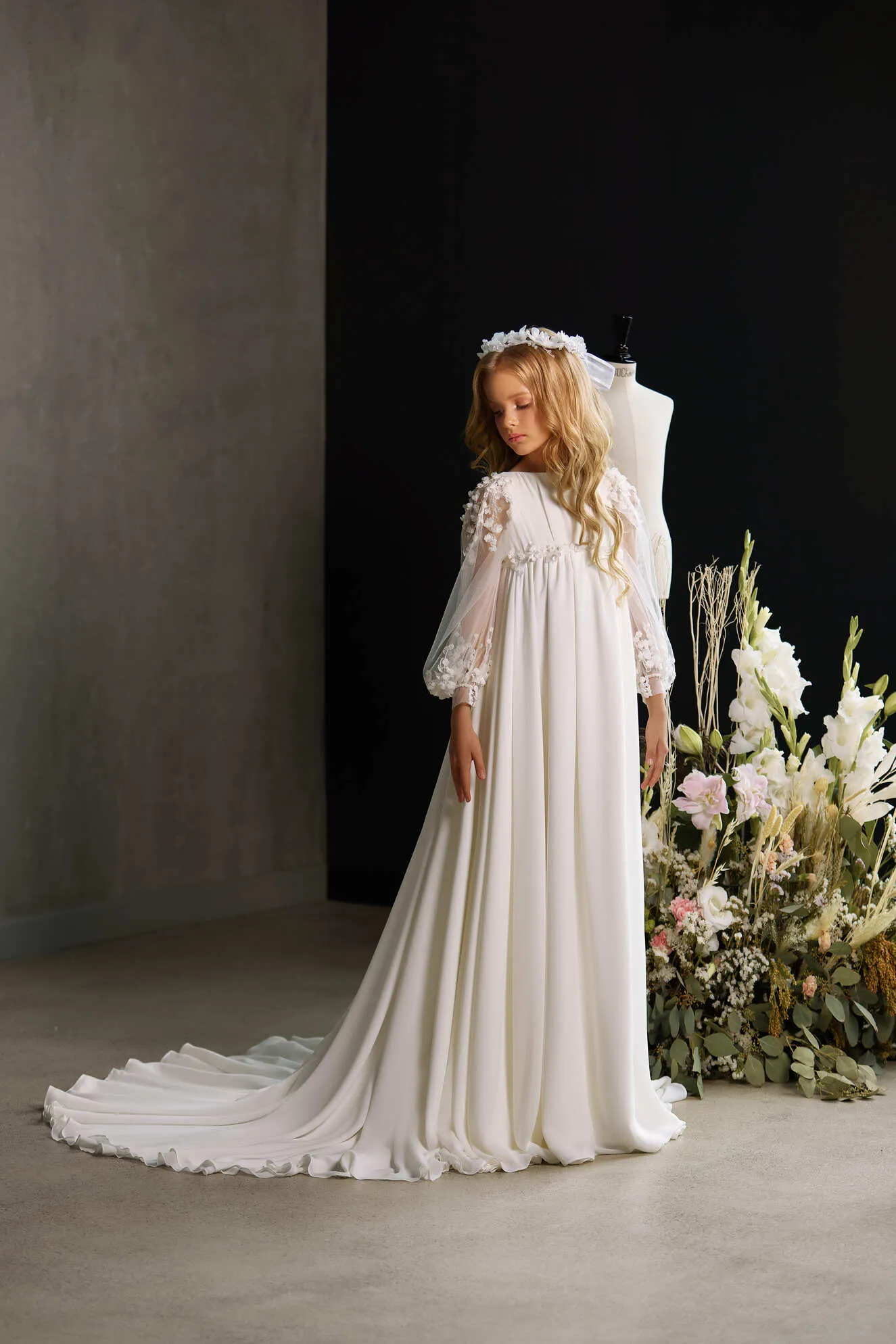 HAMILTON – CHIFFON LONG TRAIN COMMUNION DRESS WITH SHEER FLORAL SLEEVES