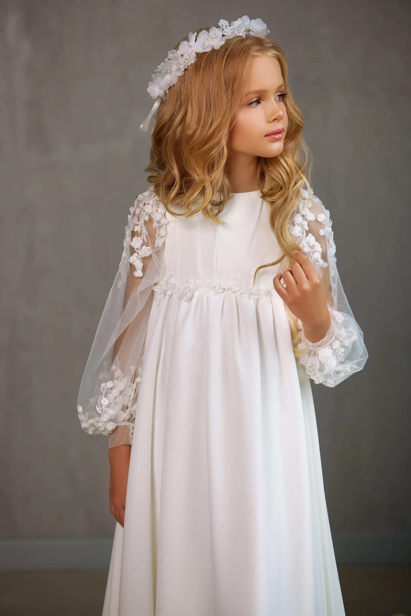 HAMILTON – CHIFFON LONG TRAIN COMMUNION DRESS WITH SHEER FLORAL SLEEVES