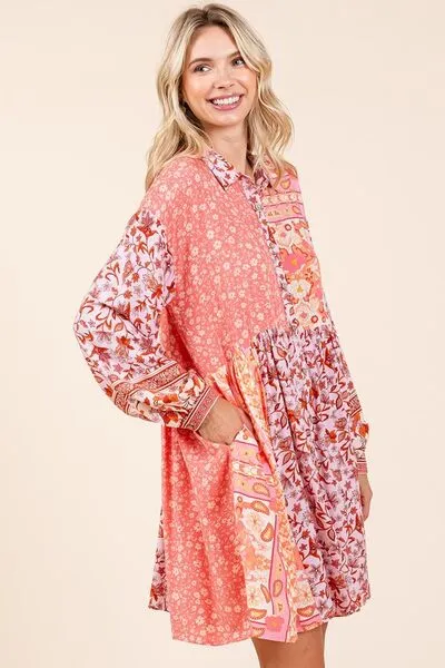 Hazel Blues® |  Mittoshop Floral Button Detail Long Sleeve Shirt Dress