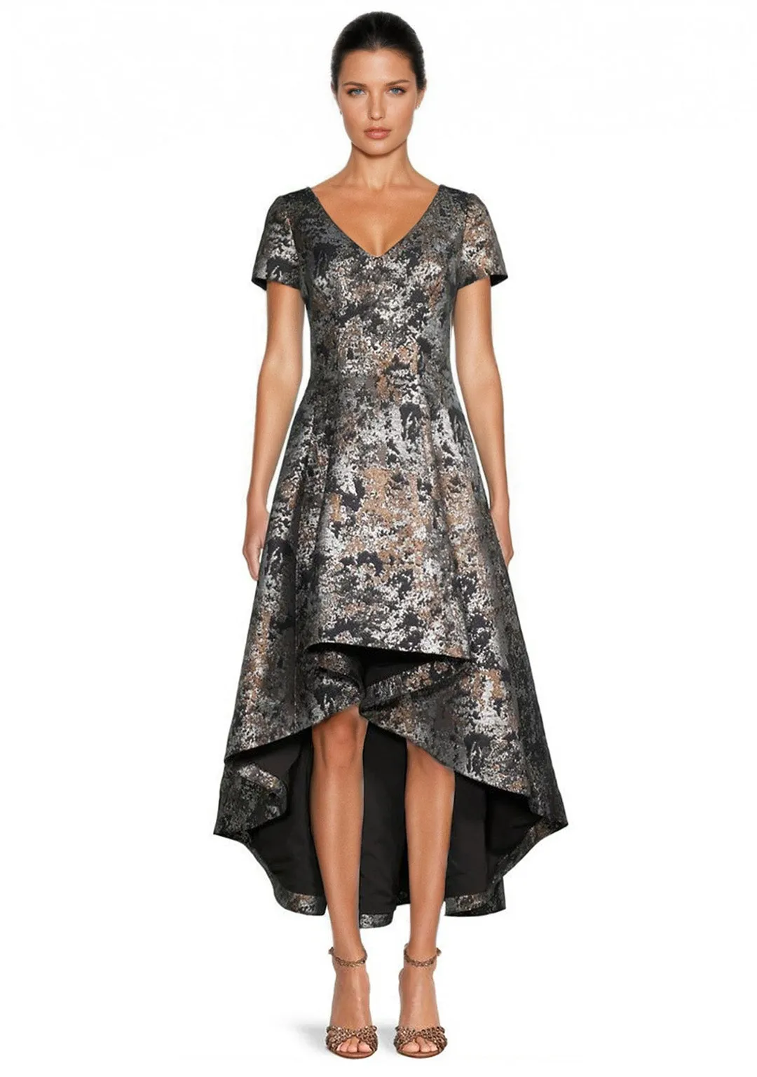 Hi-Lo Jacquard Dress in Black/Gold