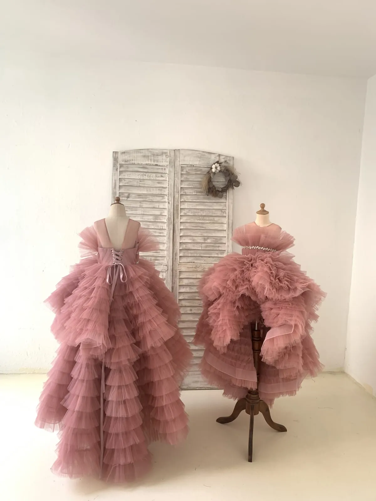 Hi-Low Pleated Tulle Wedding Flower Girl Dress Kids Birthday Pageant Gown