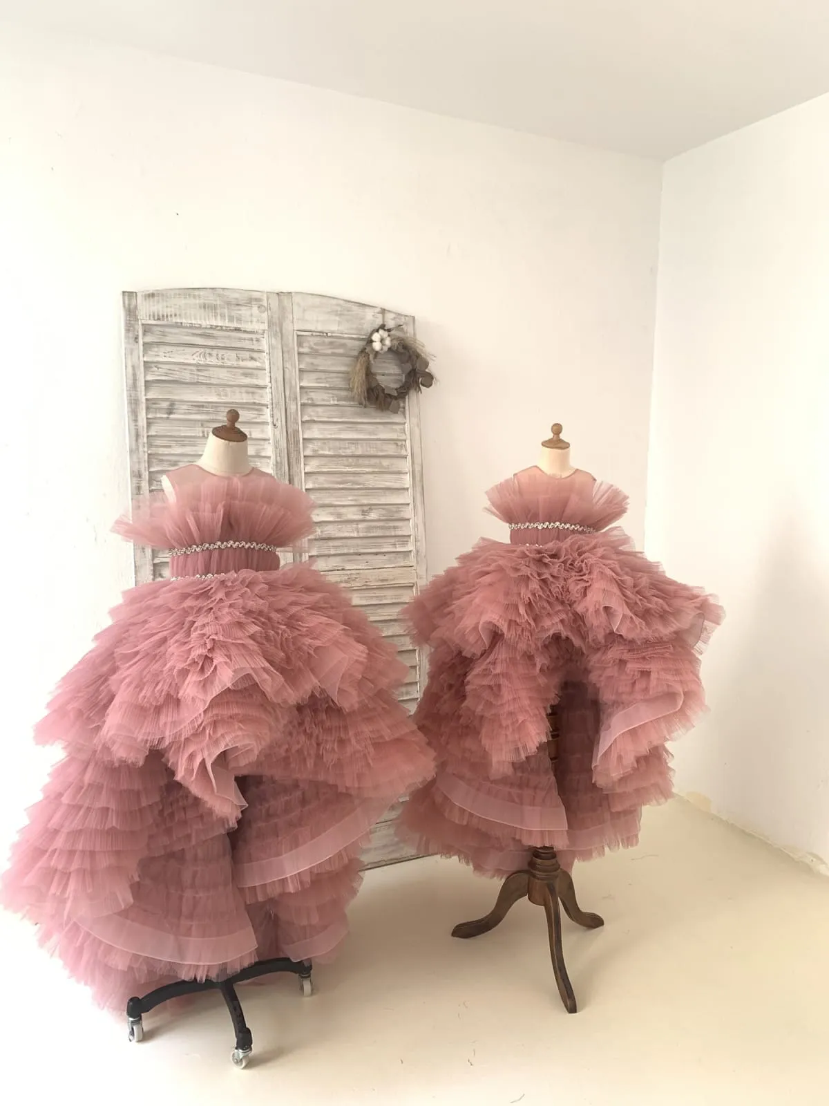 Hi-Low Pleated Tulle Wedding Flower Girl Dress Kids Birthday Pageant Gown