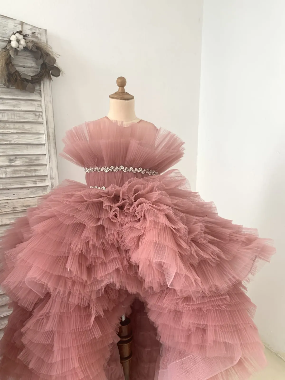 Hi-Low Pleated Tulle Wedding Flower Girl Dress Kids Birthday Pageant Gown