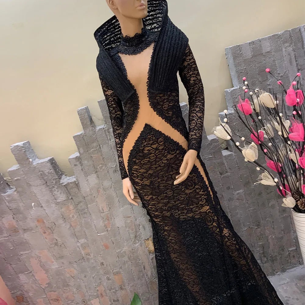 High Neck Long Sleeve Lace Maxi Bodycon Dress HT1140