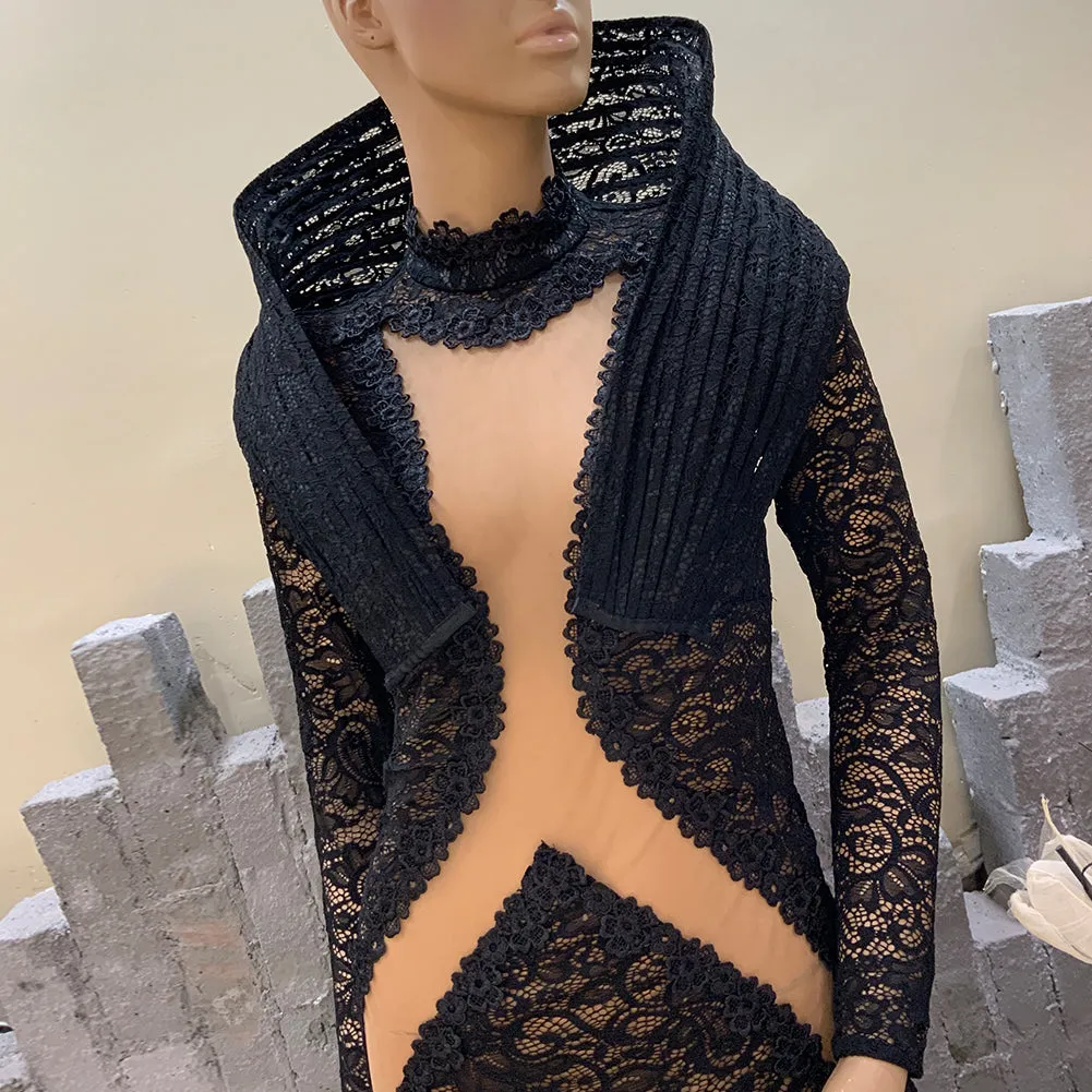 High Neck Long Sleeve Lace Maxi Bodycon Dress HT1140