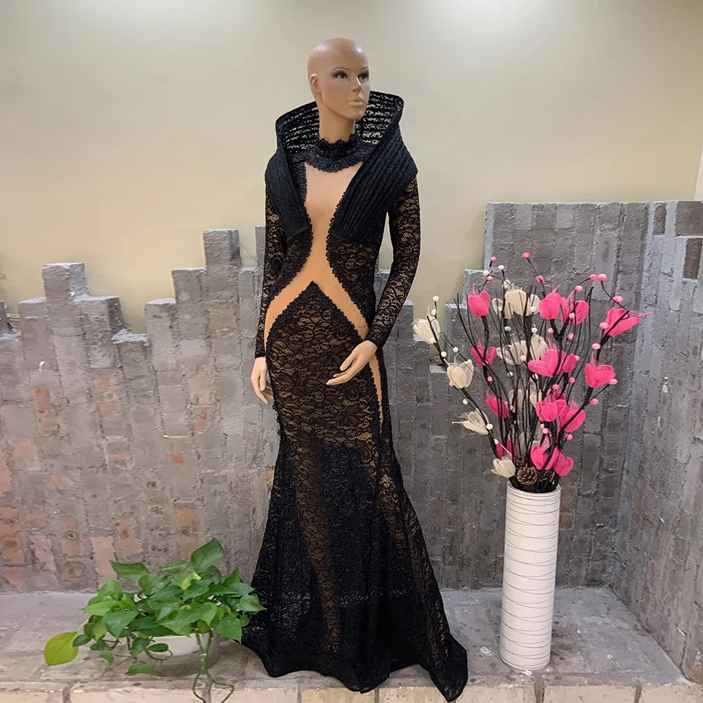 High Neck Long Sleeve Lace Maxi Bodycon Dress HT1140