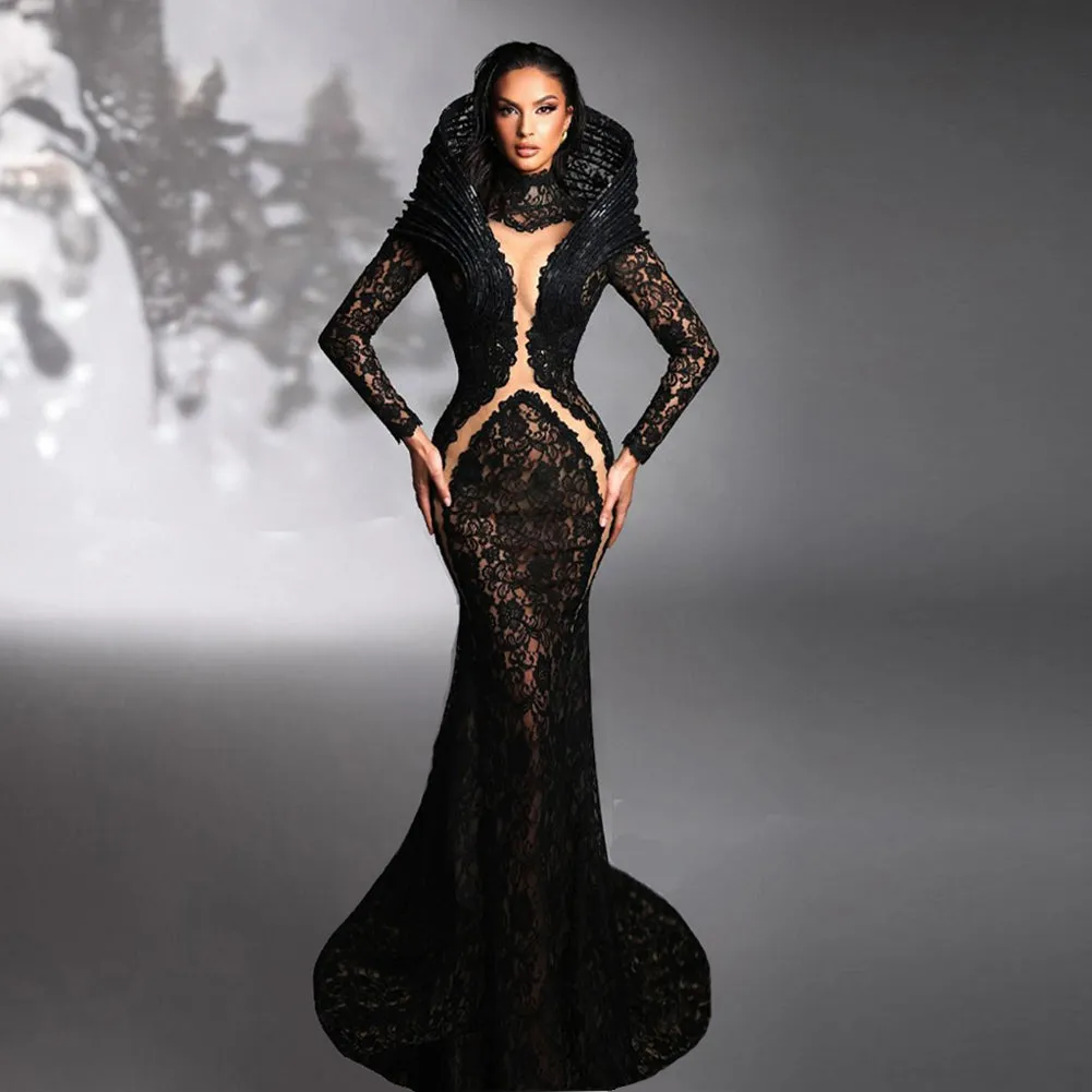 High Neck Long Sleeve Lace Maxi Bodycon Dress HT1140